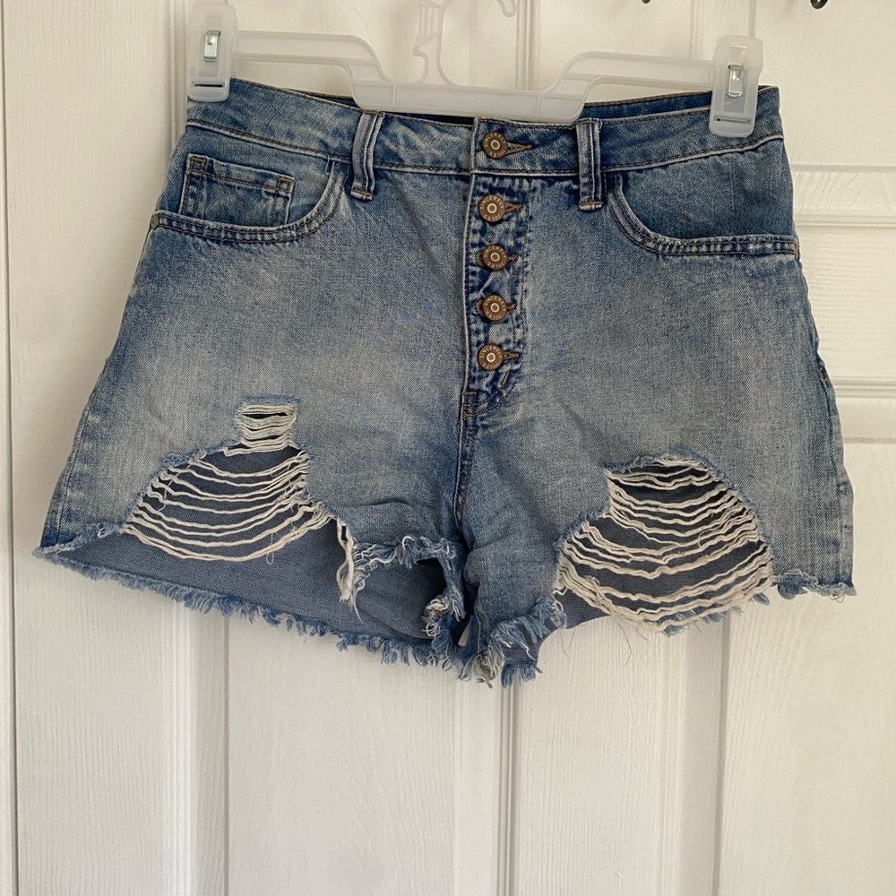 Sincerely Jules Light Blue Distressed High Waist Shorts